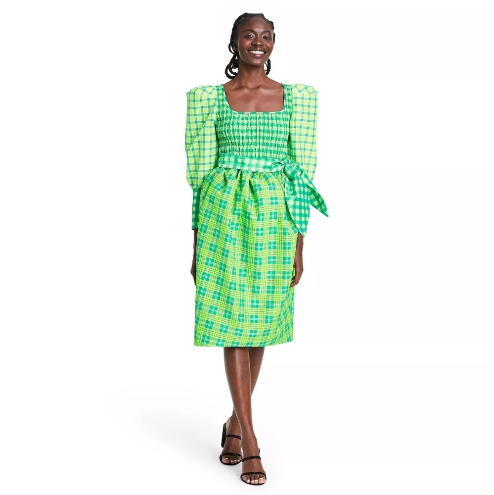 Christopher John Rogers Smocked Dress Puff Skirt Sz 6 Plaid